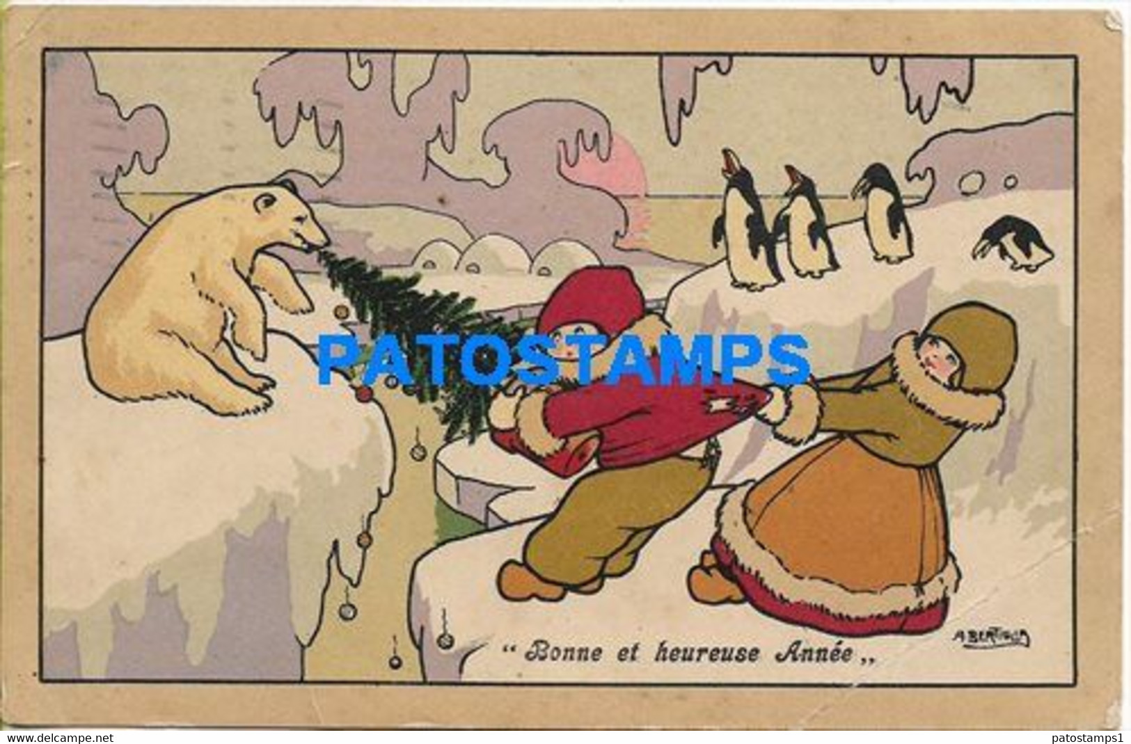 170181 ART ARTE SIGNED BERTIGLIA CHILDREN AND POLAR BEAR AND PENGUINS FIGHTING CIRCULATED TO ARGENTINA POSTAL POSTCARD - Sonstige & Ohne Zuordnung