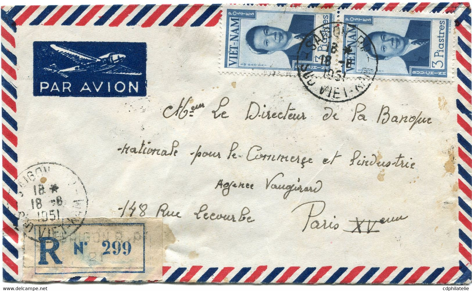 VIET-NAM LETTRE RECOMMANDEE PAR AVION DEPART SAIGON 18-6-1951 SUD VIET-NAM POUR LA FRANCE - Viêt-Nam