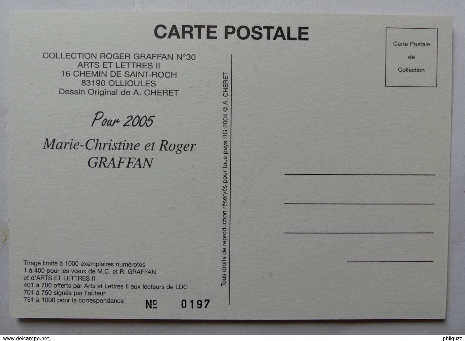 CARTE POSTALE DE VOEUX 2005 GRAFFAN TL 197-1000 CHERET Pas Rahan - Objets Publicitaires