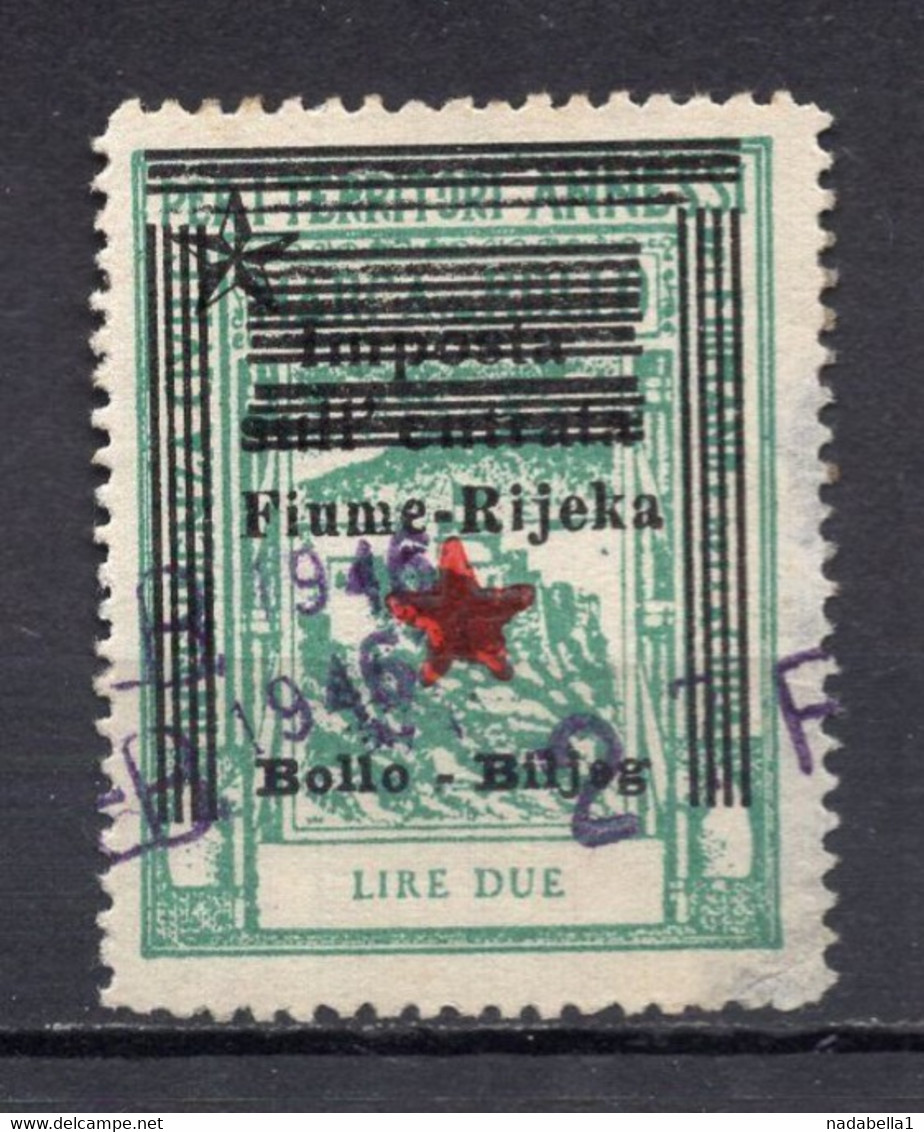 1945  ITALY,CROATIA,FIUME,RIJEKA,2 LIRE REVENUE STAMP,OVERPRINTED,USED - Fiume & Kupa