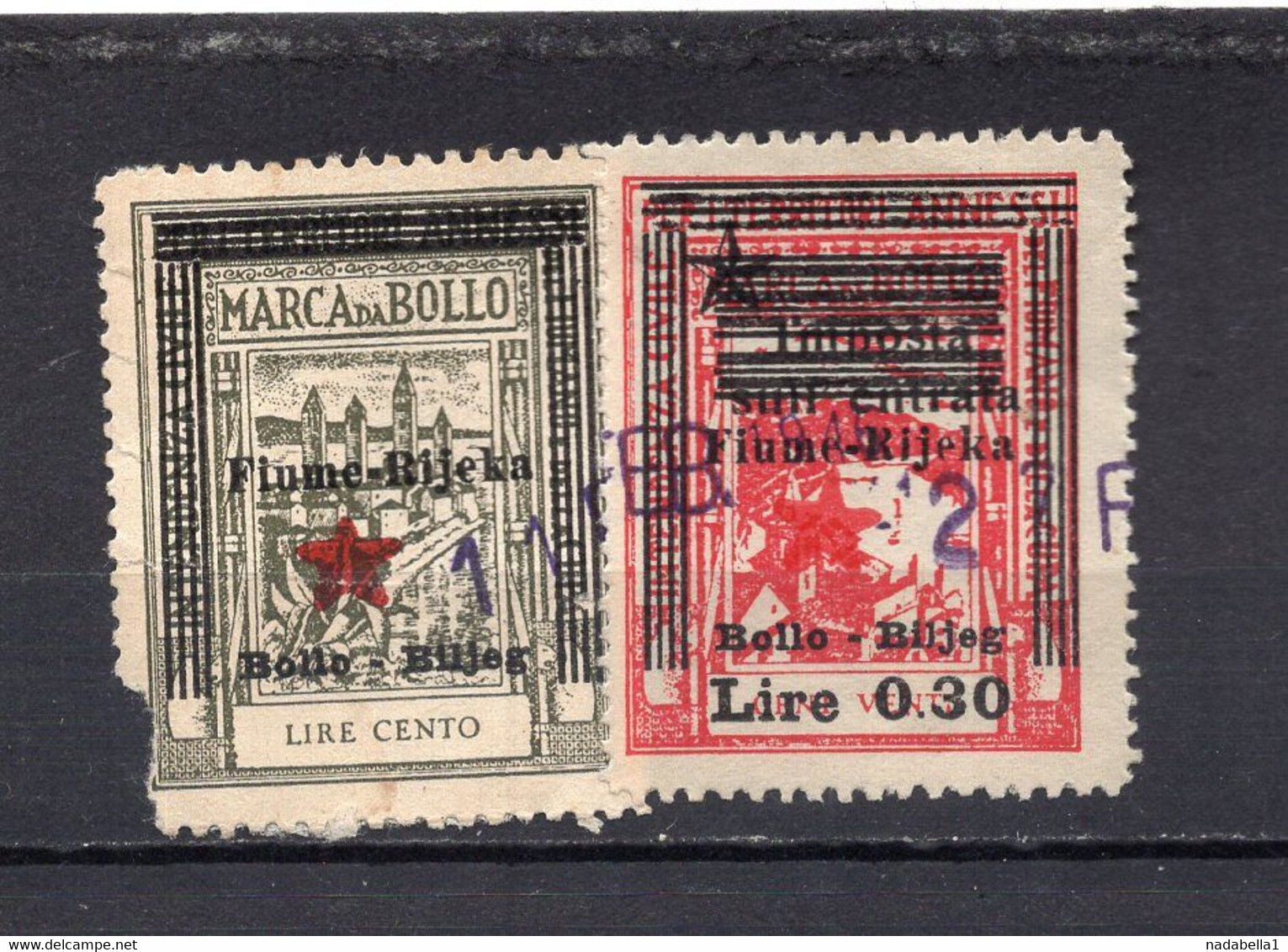 1945  ITALY,CROATIA,FIUME,RIJEKA,REVENUE STAMP,PAIR,100 AND 0.30 LIRE,OVERPRINTED,USED - Fiume & Kupa