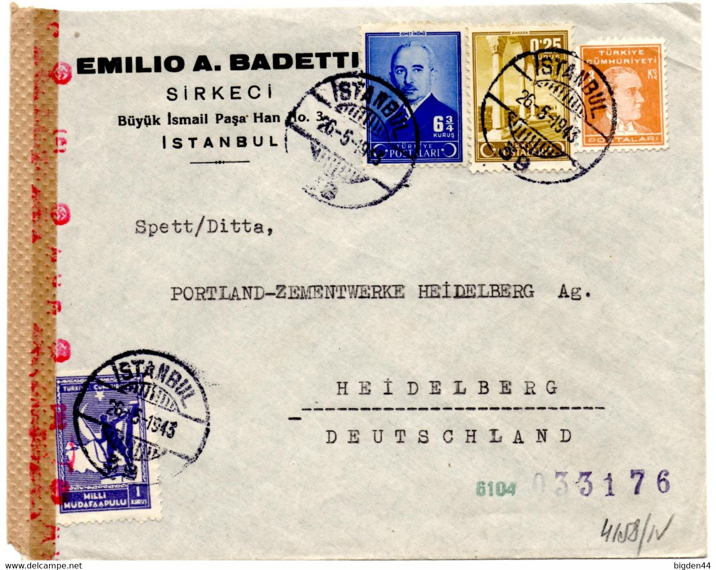 Lettre De Istambul (26.5.1943) Pour Heidelberg Censure Allemande - Briefe U. Dokumente
