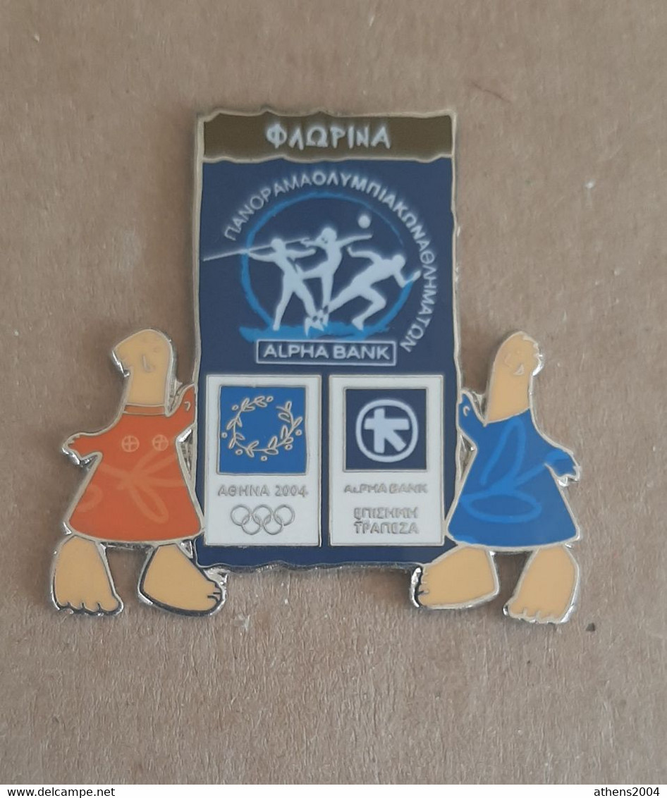 Athens 2004 Olympics - Alpha Bank Greek Sponsor, 2003 Panorama Olympic Games Series, Florina City Pin With Mascots - Jeux Olympiques