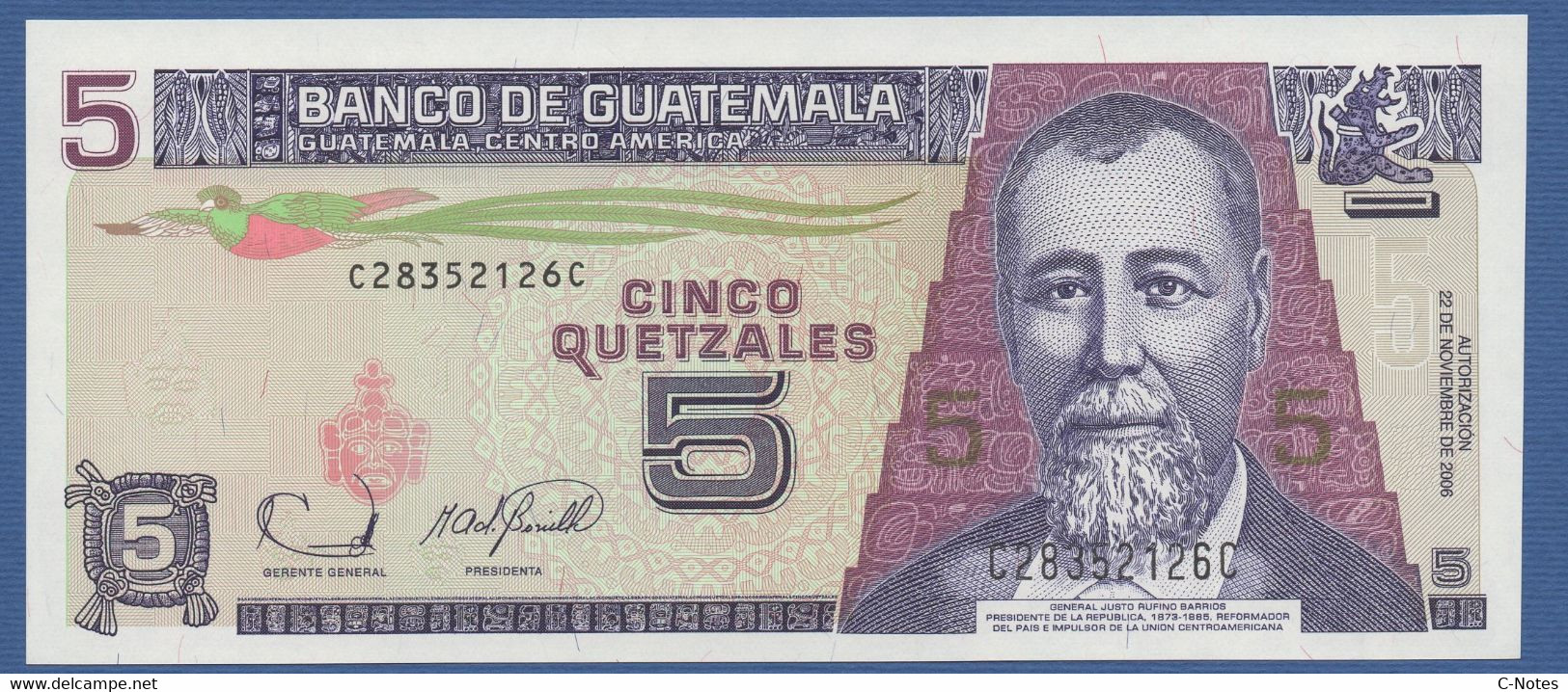 GUATEMALA - P.106b – 5 Quetzales  22.11.2006 UNC Serie C28352126C Printer FCO - Guatemala