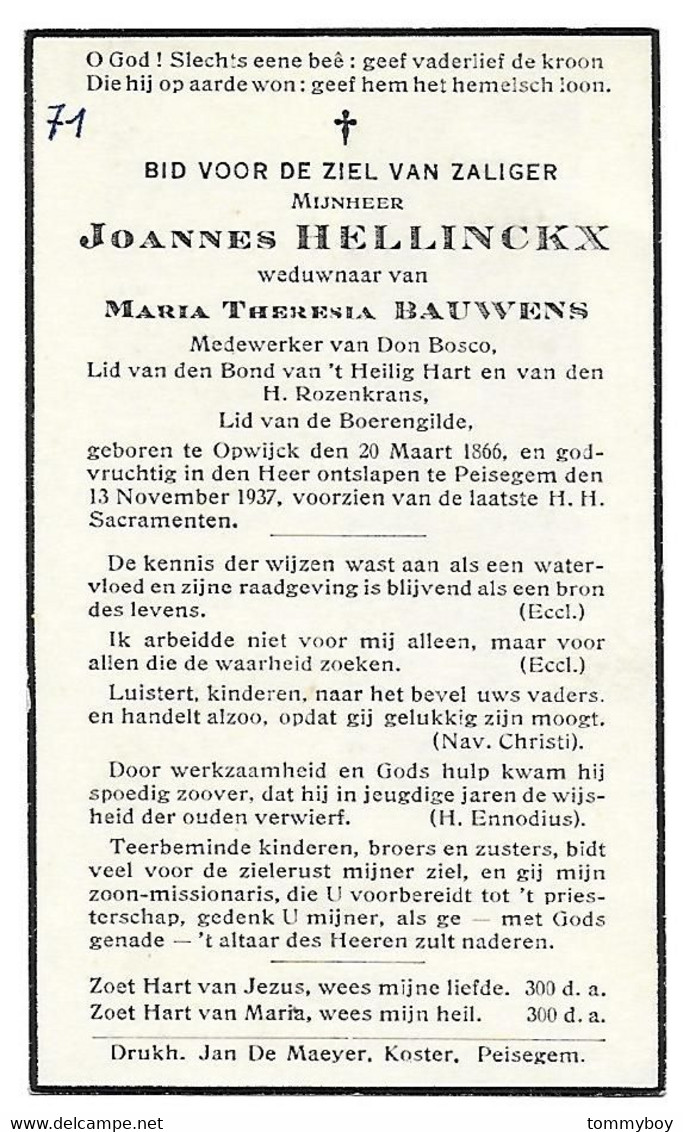 Joannes Hellinckx, Opwijck 1866 - Peisegem 1937 - Décès