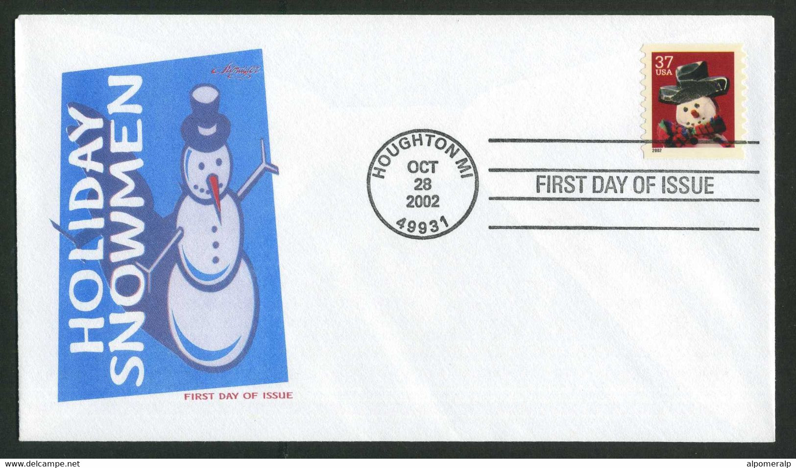 USA 2002 Sc 3683 Holiday Snowmen FDC, Houghton, MI, Oct. 28 (Artmaster) Mi. 3711BC - 2001-2010