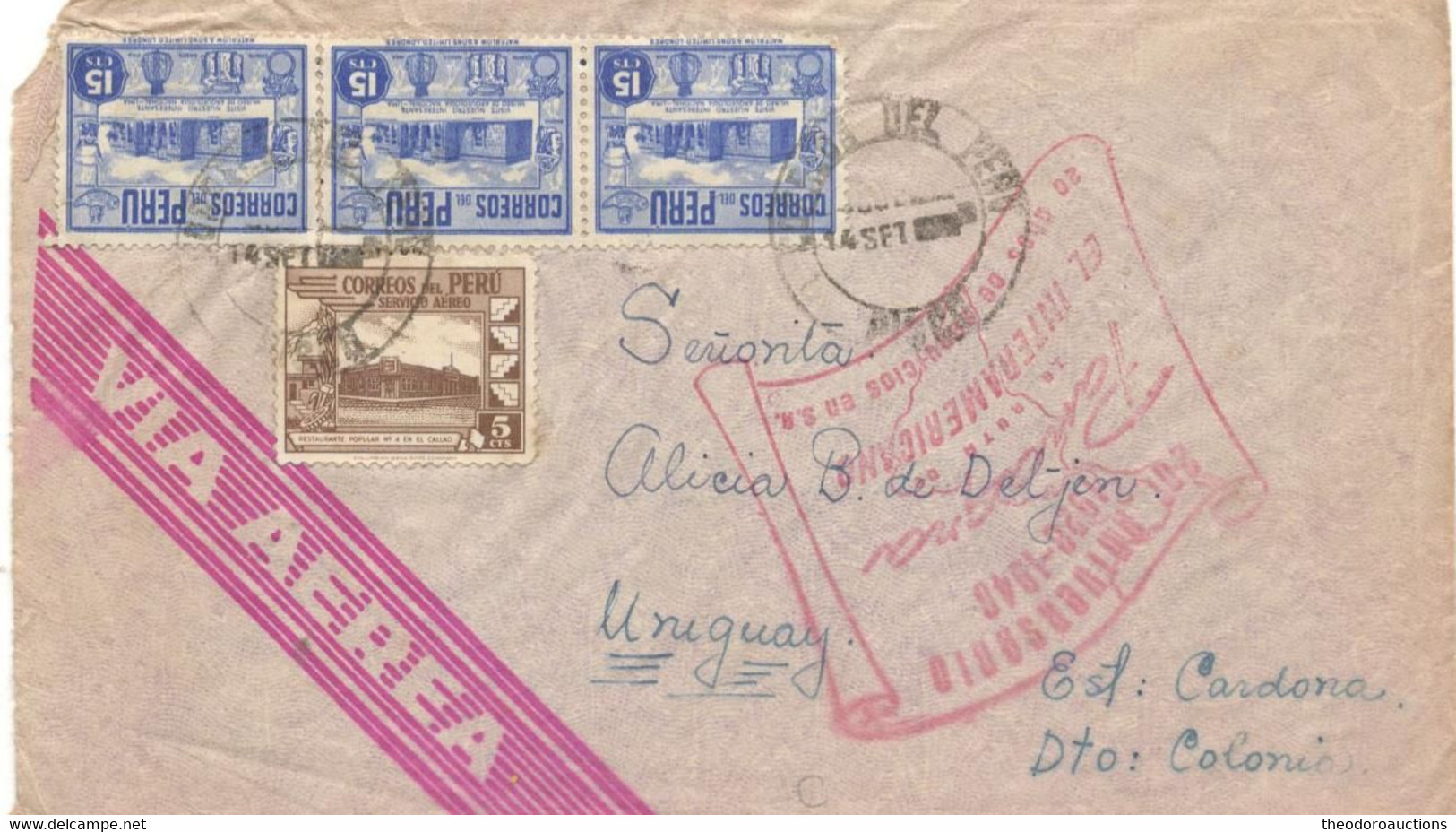 Peru 1948, Airmail, Sent From Trujillo On 09/14/1948 To Colonia Uruguay, Special Cachet, Anniversary Of The Inter-Americ - Peru