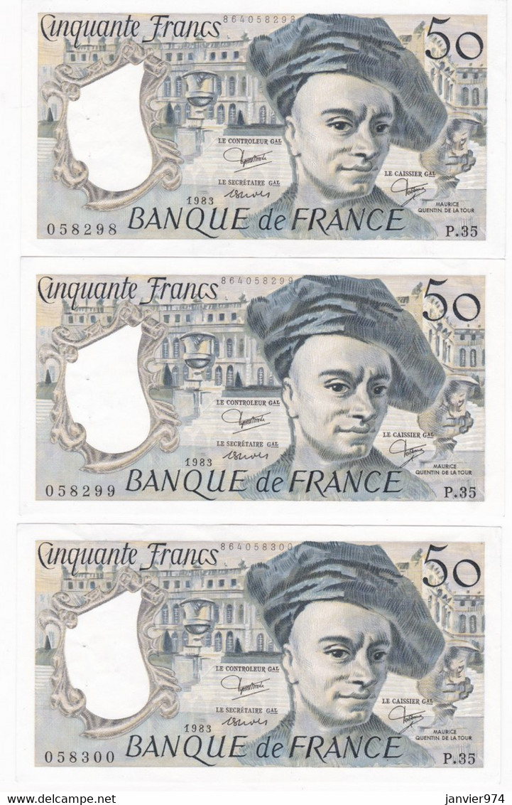 3 Billets 50 Francs Quentin De La Tour 1983 Alphabet P.35, Numéros Qui Se Suivent - 50 F 1976-1992 ''Quentin De La Tour''