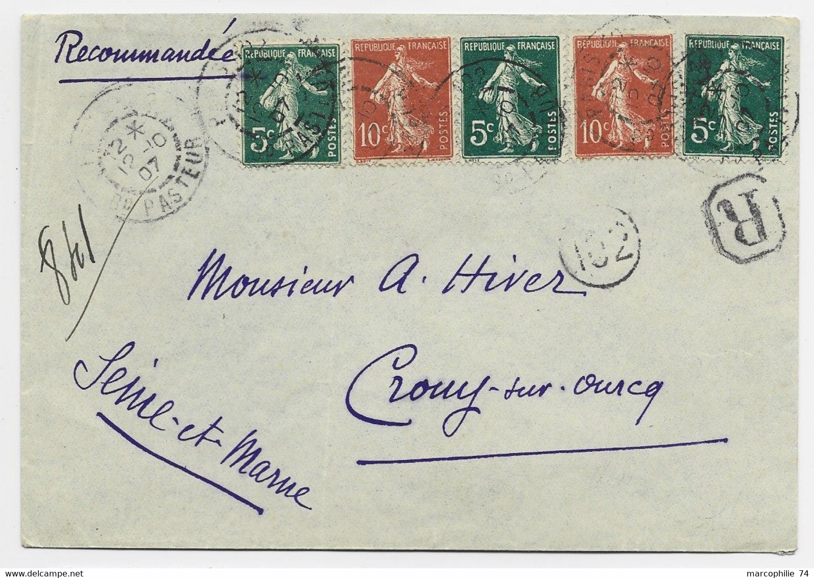 FRANCE SEMEUSE 10C MAIGREX2+5CX3 LETTRE REC PARIS BD PASTEUR 12.10.1907 AU TARIF - 1906-38 Semeuse Camée