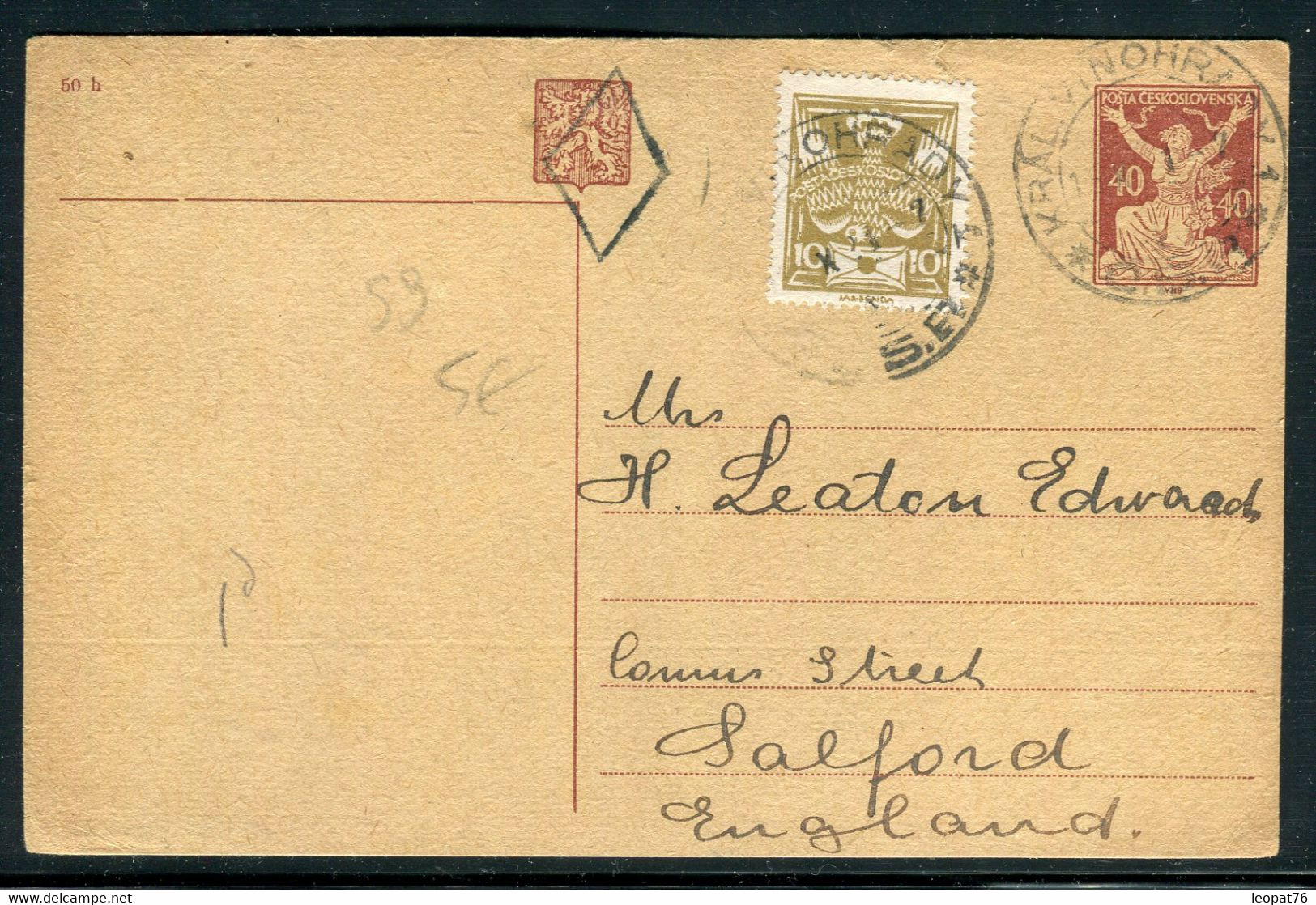 Tchécoslovaquie - Entier Postal + Complément De Kral. Vinohrad Pour Le Royaume Uni En 1921 - Prix Fixe !!! - Ref S 9 - Postkaarten