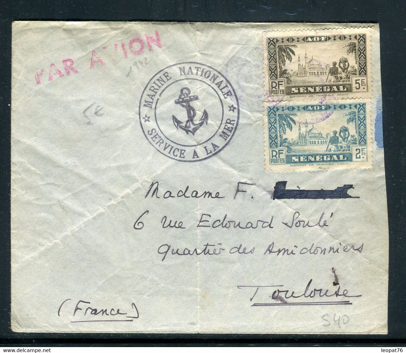 SENEGAL -  Cachet Ancre De Marine Sur Enveloppe De Dakar En 1942 Pour Toulouse, Enveloppe Retaillée - Ref S 40 - Brieven En Documenten