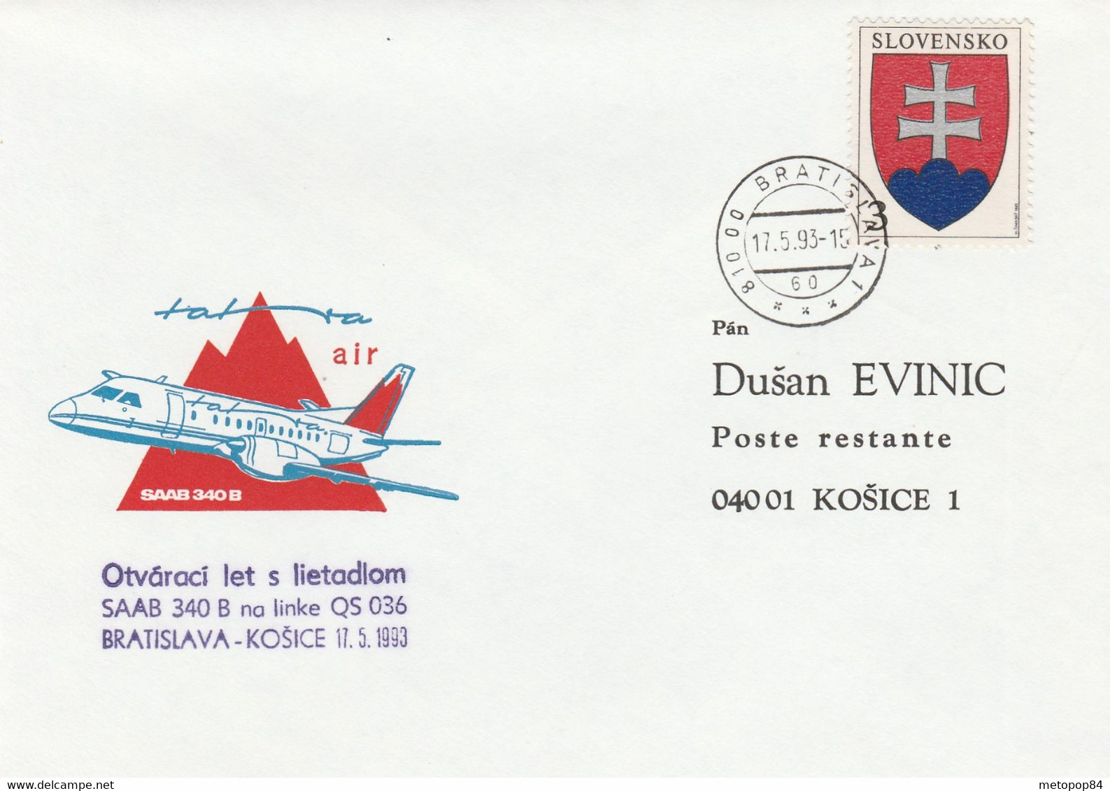 SLOVAKIA 1993 First Flight Bratislava - Kosice - Cartas & Documentos