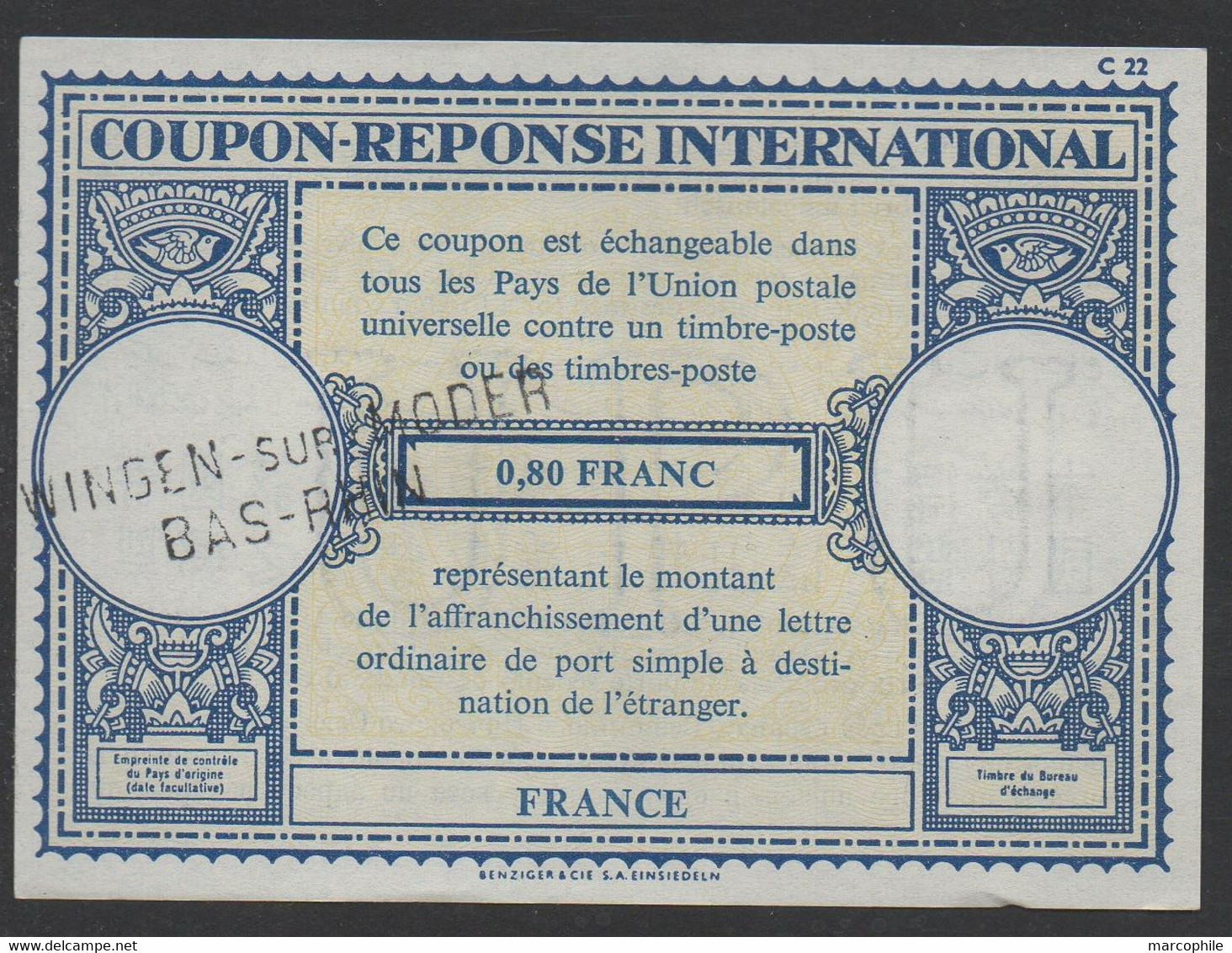 IAS - IRC - CRI / ALSACE - WINGEN - FRANCE  COUPON REPONSE INTERNATIONAL  (ref 7470) - Antwortscheine