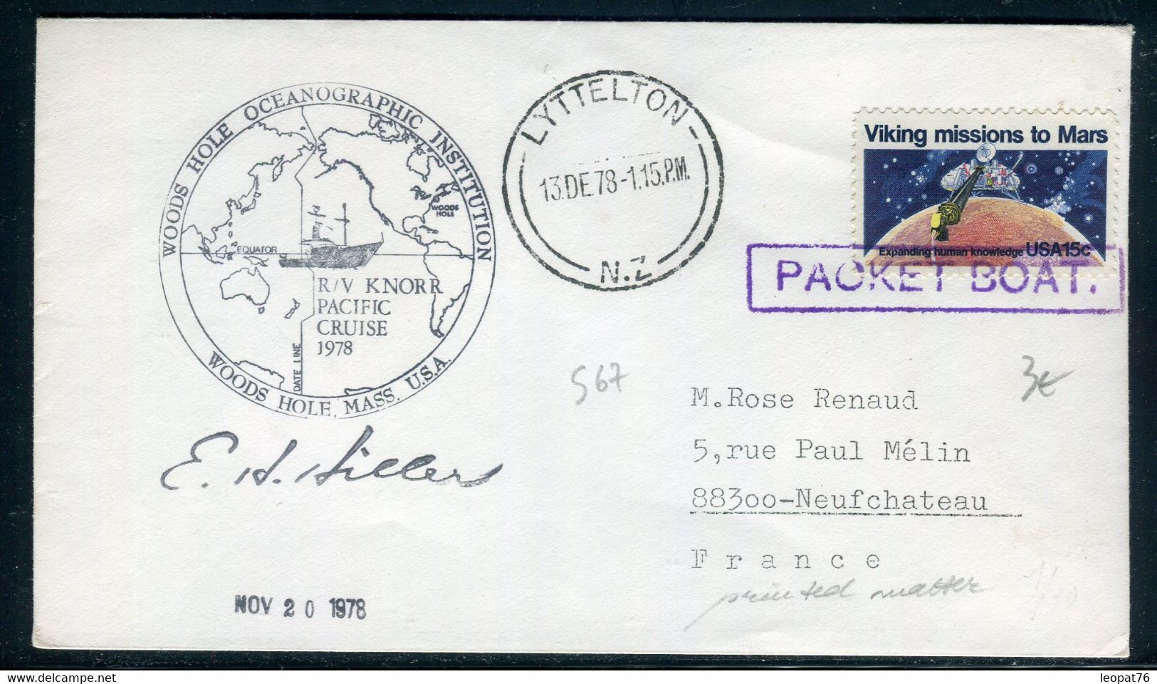 Etats Unis - Enveloppe De Lyttelton Pour La France En 1978 Cachet De Voyage Océanographique - Prix Fixe !!! - Ref S 67 - Cartas & Documentos