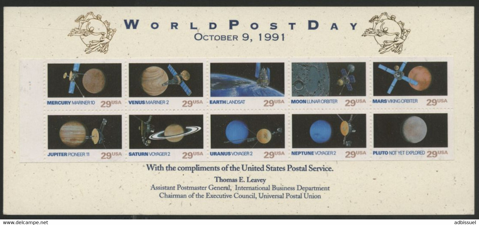 Satellite / Solar System Souvenir Sheet On Cardboard With Header World Post Day October 9, 1990 - Cartes Souvenir