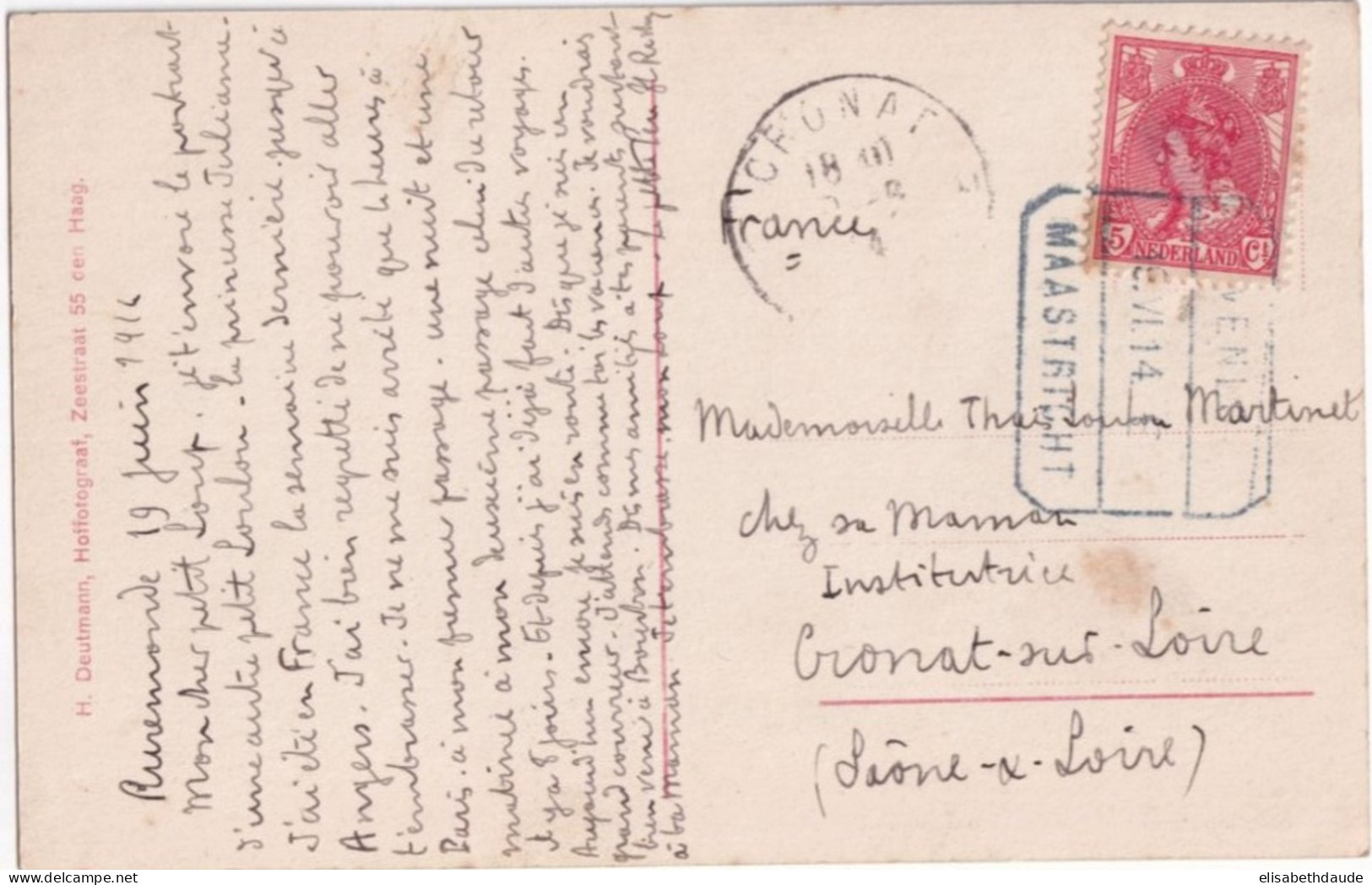 NEDERLAND - 1914 - CARTE De RUREMONDE Avec CACHET FERROVIAIRE AMBULANT 'VENLO - MAASTRICHT"  => CRONAT SUR LOIRE - Storia Postale