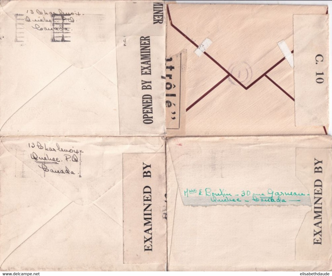 CANADA - 1940/1945 - 4 ENVELOPPES Avec CENSURES De QUEBEC / OBLITERATIONS Dont CACHET SANS NOM DE VILLE ! => VICHY ! - Lettres & Documents