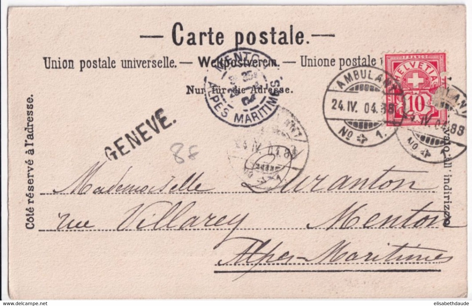 SUISSE - 1904 - CARTE De GENEVE Avec CACHET AMBULANT N°1 ! => MENTON - Spoorwegen