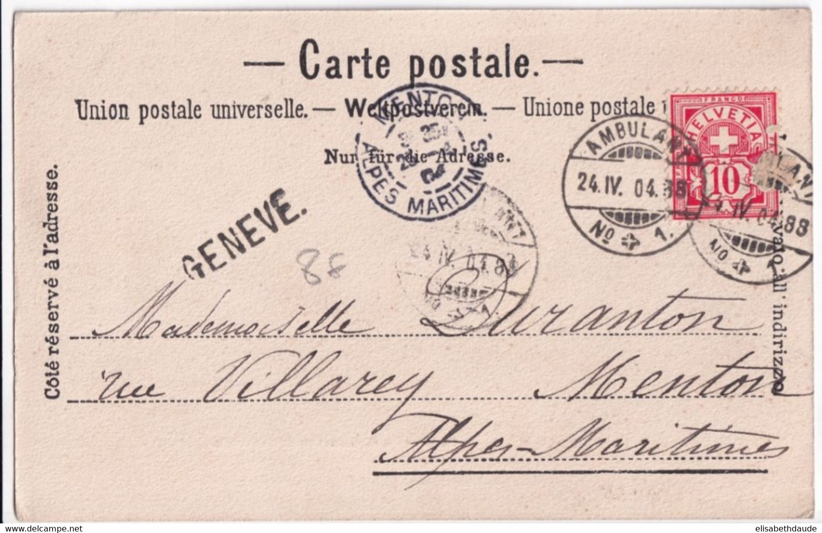 SUISSE - 1904 - CARTE De GENEVE Avec CACHET AMBULANT N°1 ! => MENTON - Ferrocarril