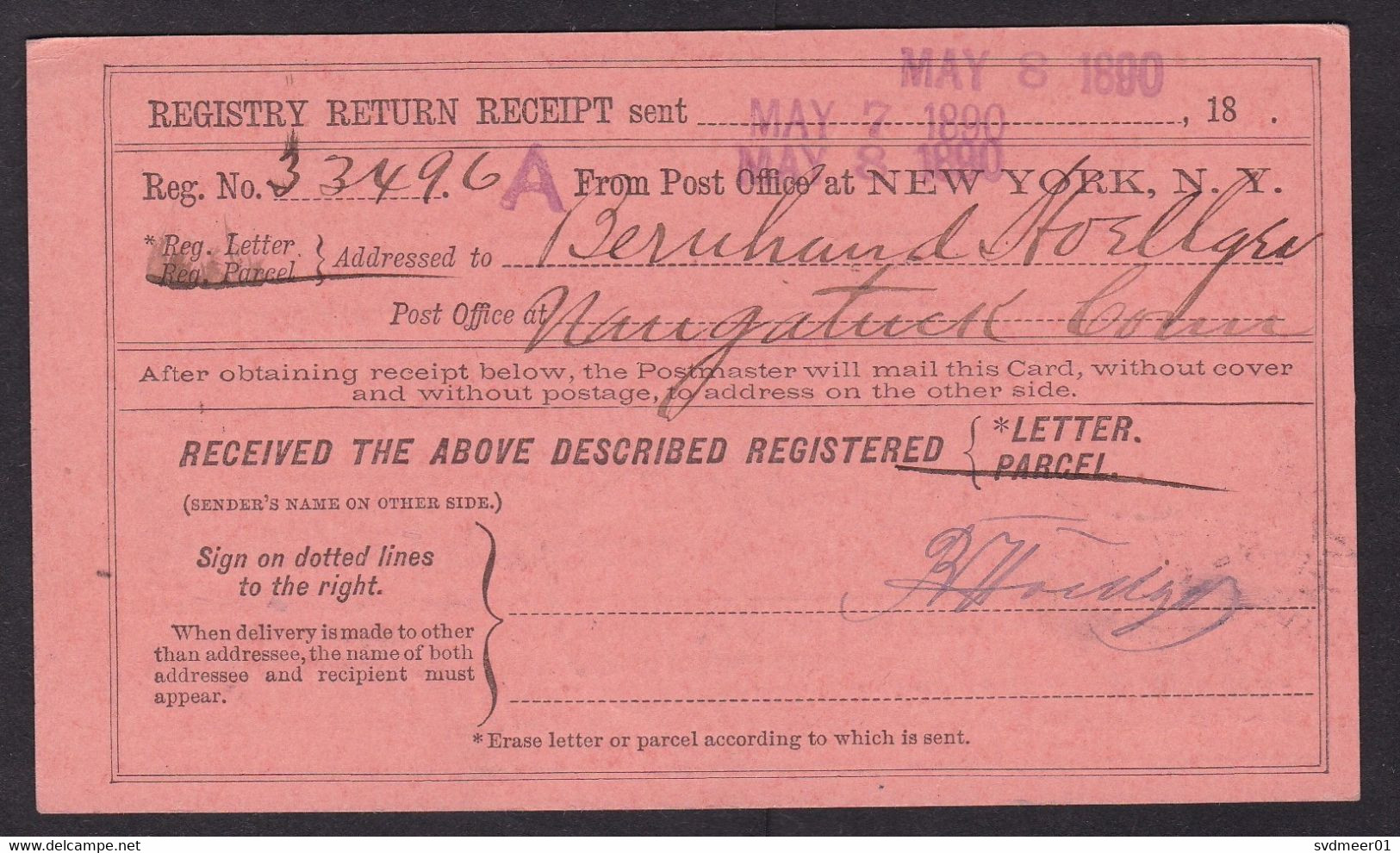 USA: Official Business Return Receipt Postcard, 1890, Post Office, Rare Cancel Naugatuck Conn (traces Of Use) - Dienstzegels