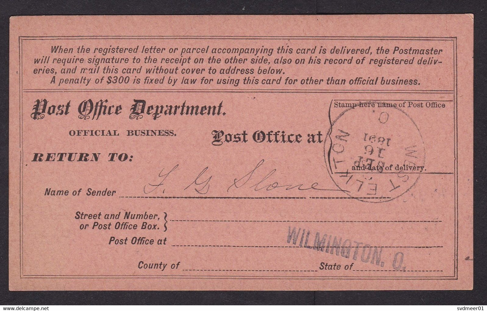 USA: Official Business Return Receipt Postcard, 1891, Post Office, Rare Cancel West Elkton Ohio (traces Of Use) - Dienstmarken