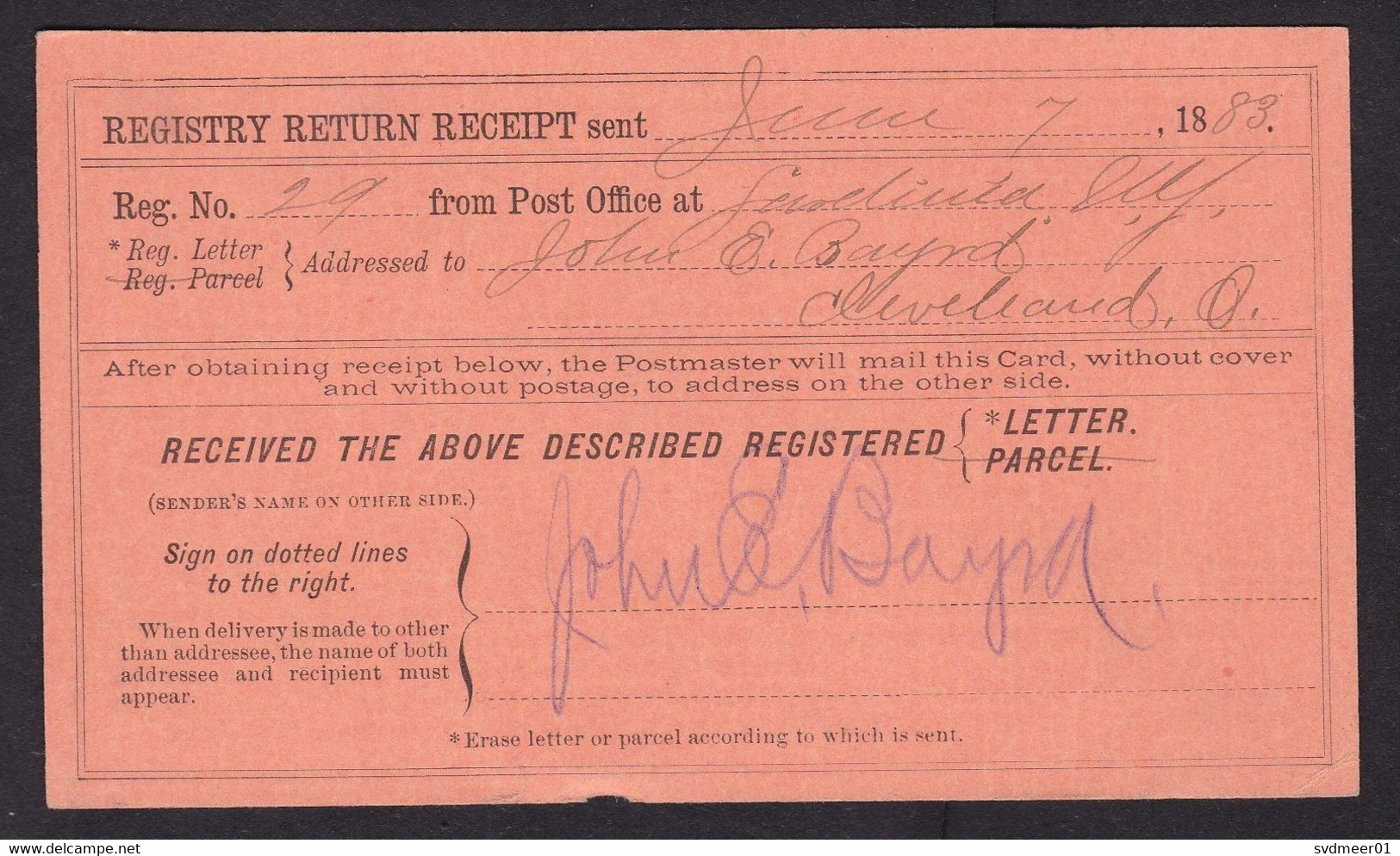 USA: Official Business Return Receipt Postcard, 1883, Post Office, Purple Cancel Cleveland (minor Damage) - Oficial