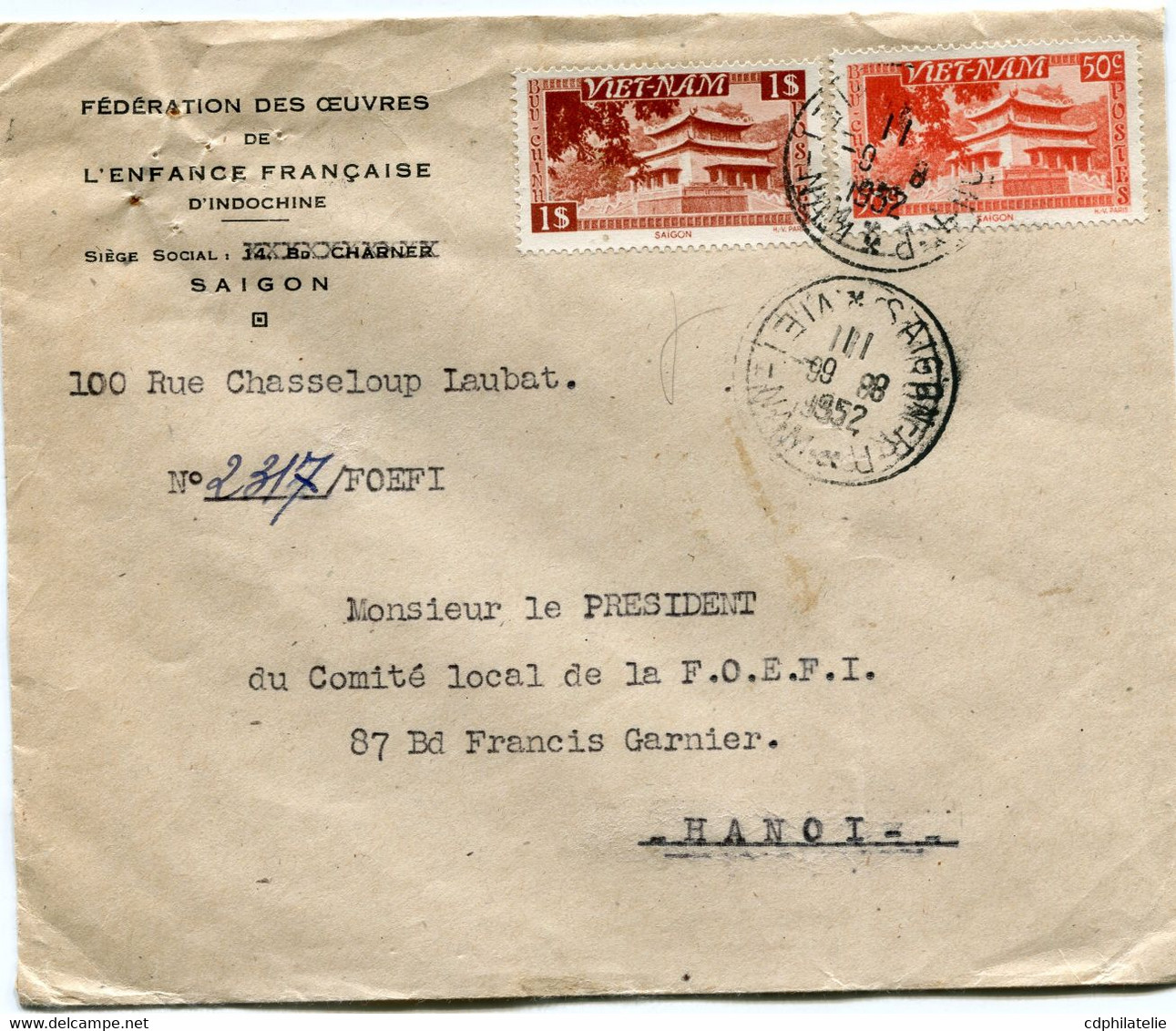 VIET-NAM LETTRE DEPART SAIGON 9-8-1952 VIET-NAM POUR LE NORD VIETNAM - Viêt-Nam