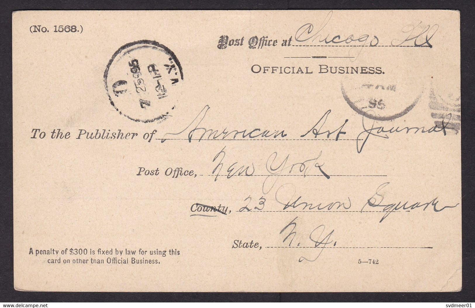 USA: Official Business Postcard, 1895, Post Office, Advice Change Of Address By Postmaster Chicago (minor Crease) - Servizio