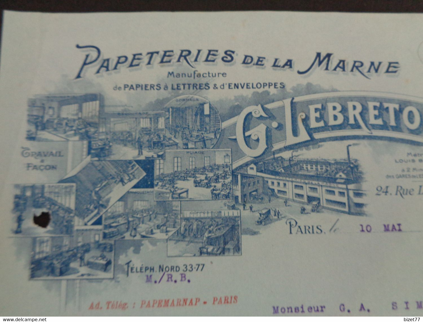 FACTURE - Dpt DE LA SEINE - PARIS 10ème - 1920 - PAPETERIES DE LA MARNE - G. LEBRETON : 24 RUE LOUIS BLANC - Other & Unclassified