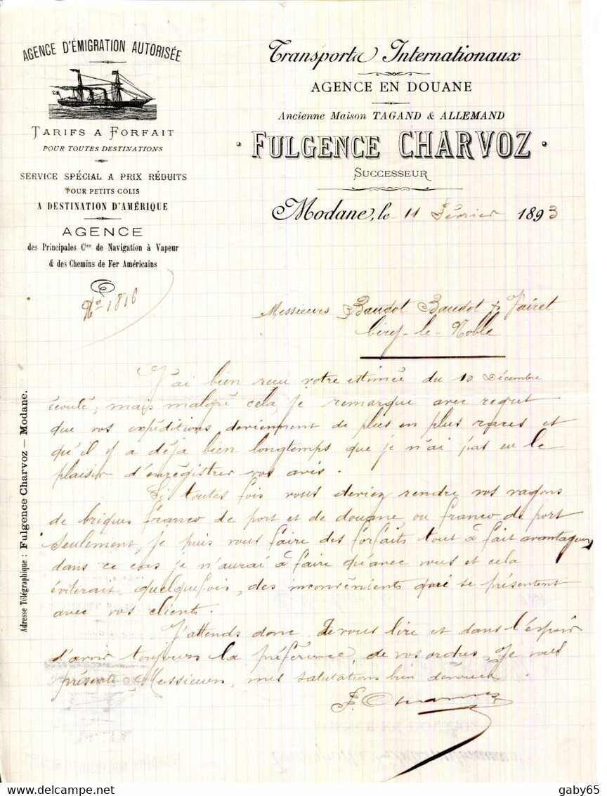 73.SAVOIE.MODANE.TRANSPORTS INTERNATIONAUX.AGENCE D'EMIGRATION AUTORISÉE.FULGENCE CHARVOZ. - Transport