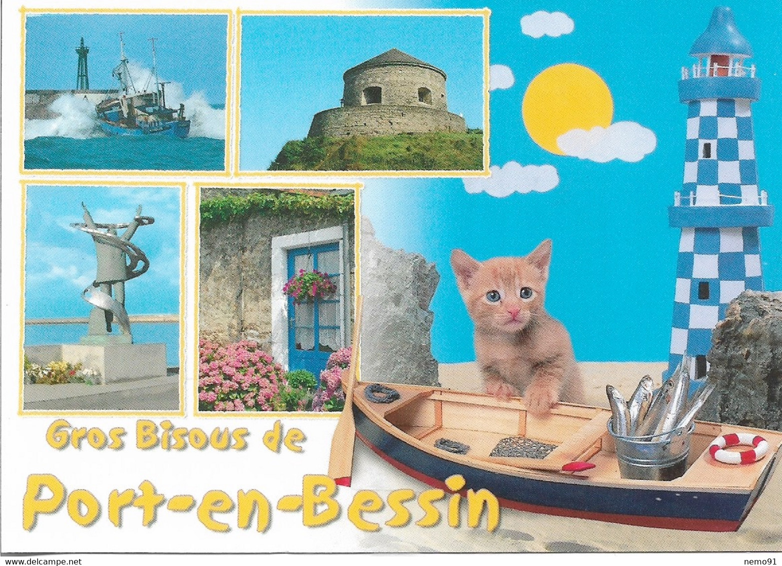 CHATS - GROS BISOUS DE PORT-EN-BESSIN - 1 PETIT CHAT SUR UNE BARQUE - 4 VUES - CPM - VIERGE - - Gatos