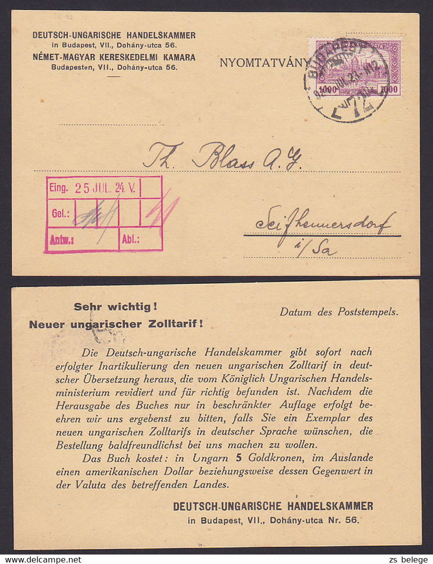 Budapest Karte, Frankatur  1000 Kronen Parlament  Nach Deutschland Seifhennersdorf, Deutsch-Ungarische Handelskammer - Storia Postale