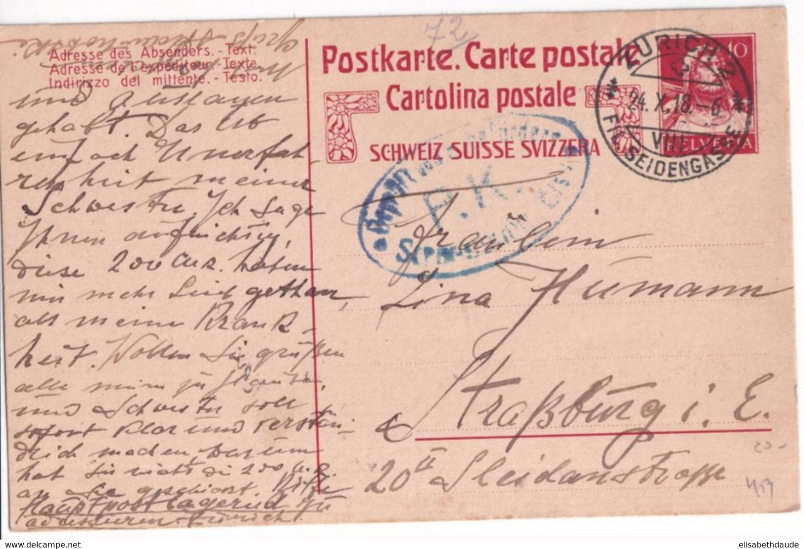 SUISSE - 1918 - CARTE ENTIER De ZÜRICH => STRASBOURG Avec CENSURE - Interi Postali