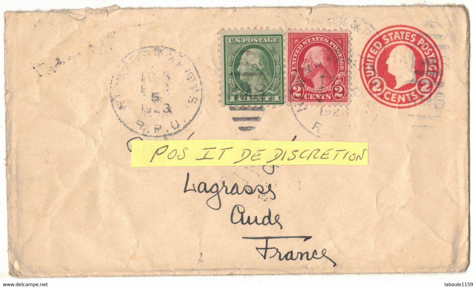 1923 ENVELOPPE ENTIER POSTAL ET TIMBRES CIRCULEE PASADENA CALIFORNIE USA VERS FRANCE AUDE LEZIGNAN LAGRASSE TIMBRE V° - 1921-40