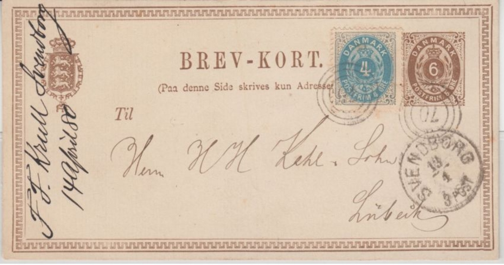 Dänemark - 6 Ö. Ziffer Ganzsache + 4 Ö. Ringstpl. 70 Svendborg Lübeck 1880 - Postal Stationery
