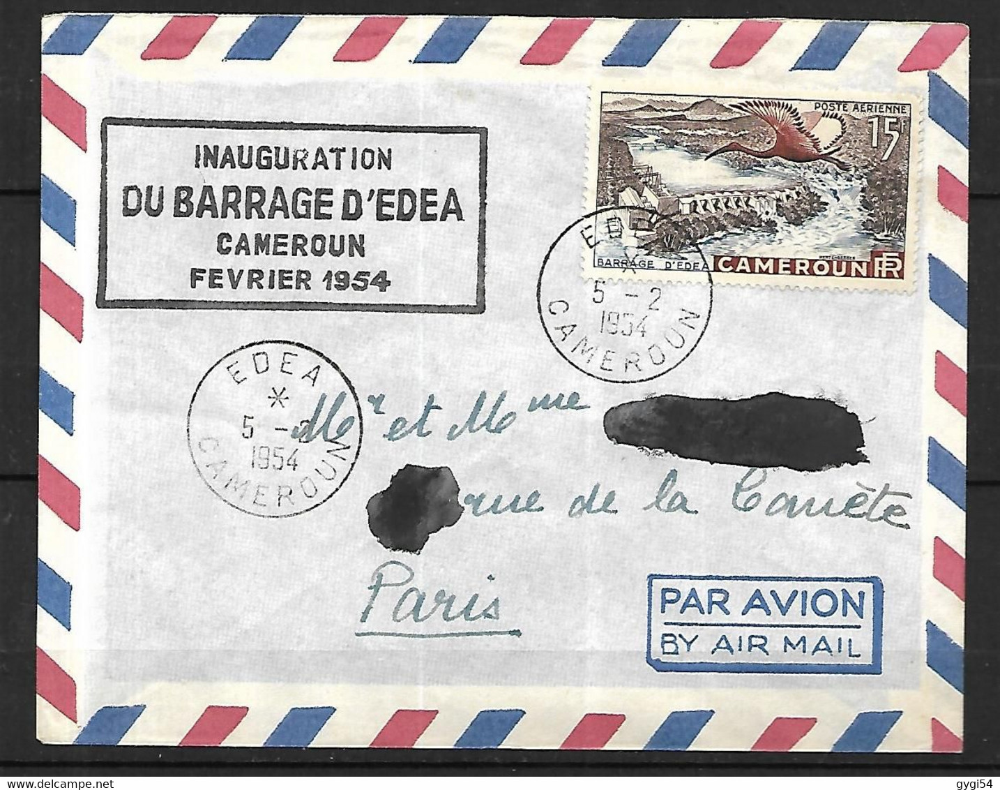 Cameroun  Lettre Du  5.2.1954 Cachet De L'Inauguration Du Barrage D'EDEA . - Sobres Transplantados (antes 1995)