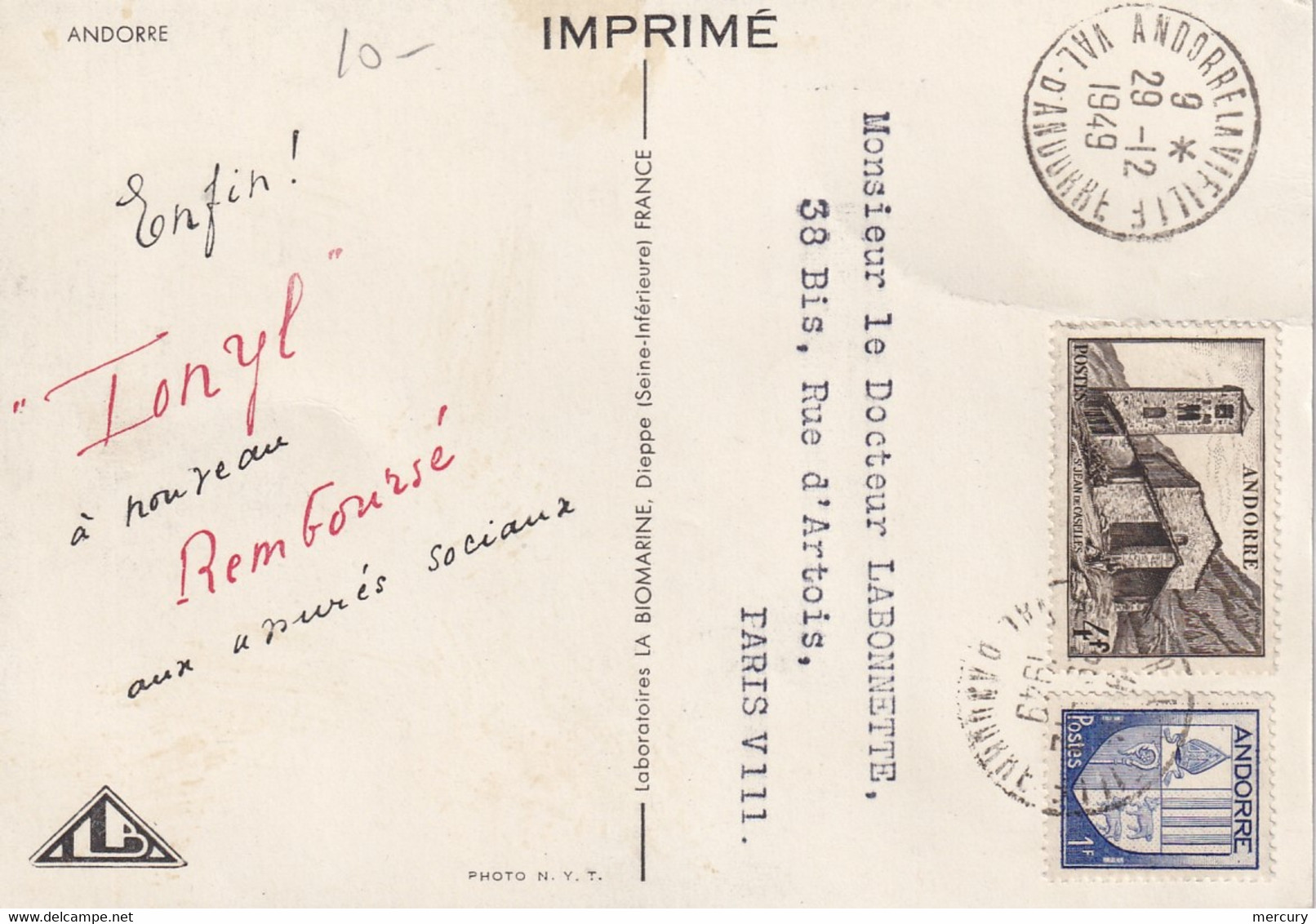 ANDORRE - Carte Postale De 1949 - Brieven En Documenten