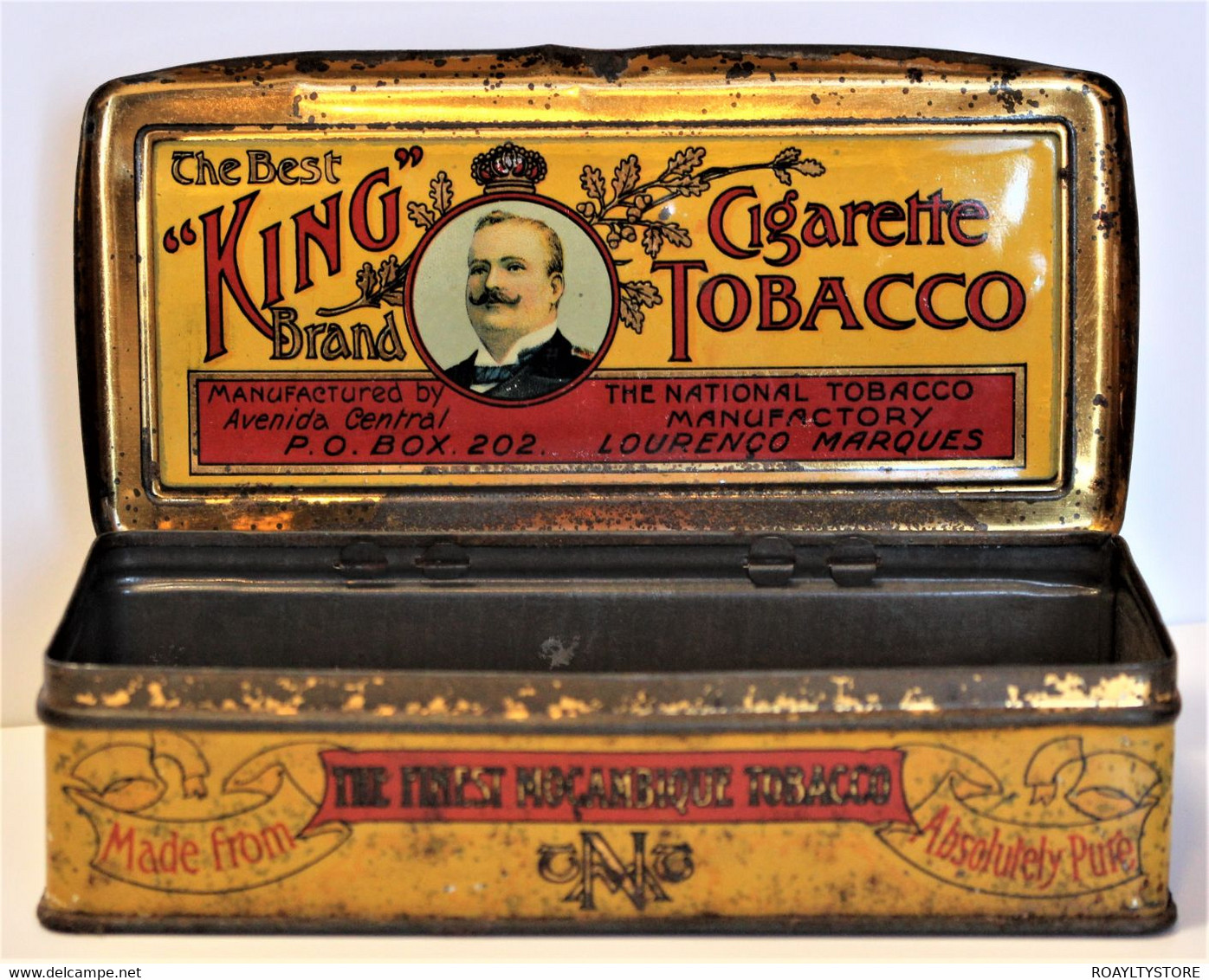 KING (CARLOS / CHARLES ROI DU PORTUGAL 1889-1908)  RARE PORTUGUESE MOZAMBIQUE MADE TOBACCO TIN BOX - Empty Tobacco Boxes