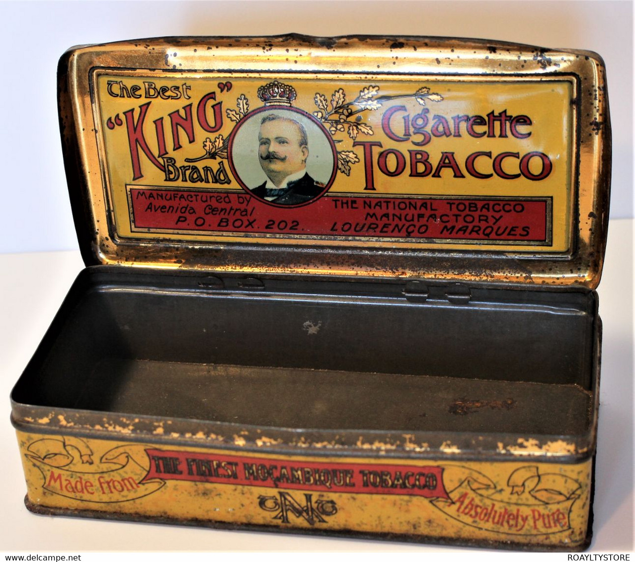 KING (CARLOS / CHARLES ROI DU PORTUGAL 1889-1908)  RARE PORTUGUESE MOZAMBIQUE MADE TOBACCO TIN BOX - Empty Tobacco Boxes