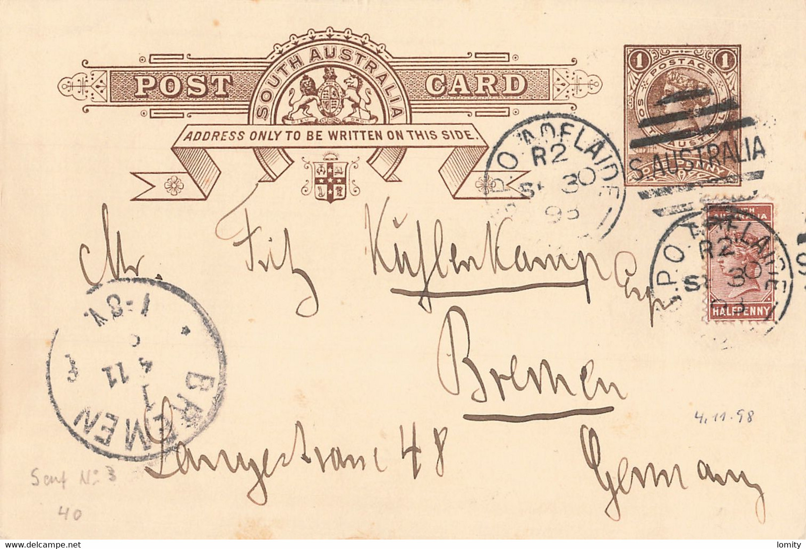Australie Du Sud South Australia Carte Entier Postal Ganzsache Cachet Adelaide 1898 + Timbre Stamp Post Card - Storia Postale
