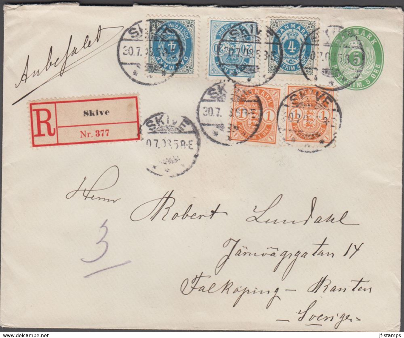 1903. DANMARK.  5 øre Envelope + 2 Ex 1 øre + 20 øre Coat Of Arms + 2 Ex 4 ØRE Cancel... (Michel 37+) - JF424993 - Lettres & Documents