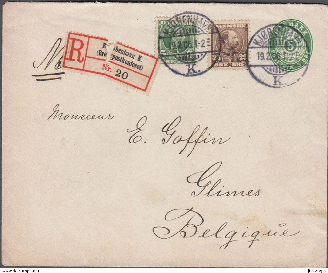 1906. DANMARK.  5 øre Envelope + 5 + 25 øre Christian IX On Recommended Envelope From... (Michel 50+) - JF424996 - Briefe U. Dokumente