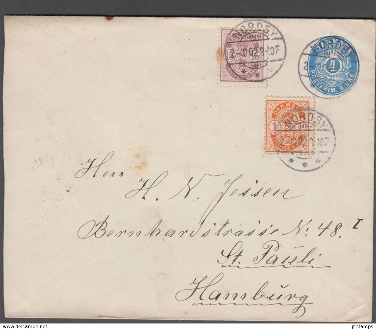 1902. DANMARK. 4 øre Envelope + 15 + 1 øre Coat Of Arms Cancelled NORDBY 2-10.02 To S... (Michel 37+) - JF424997 - Brieven En Documenten