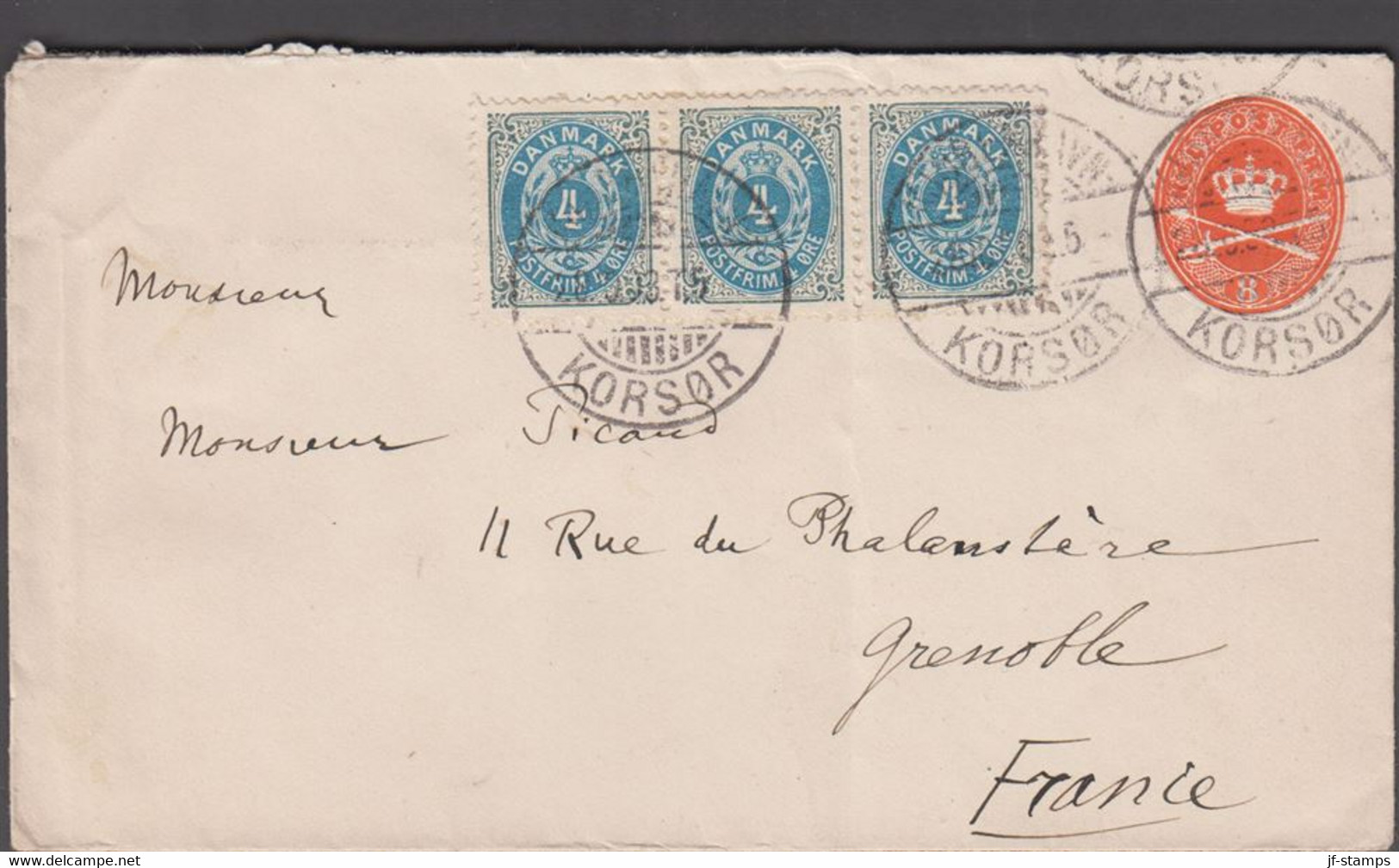 1898. DANMARK. 8 øre Envelope + 3 Stripe 4 øre In Total 20 øre Franking To Grenoble, ... (Michel 23B) - JF424999 - Briefe U. Dokumente