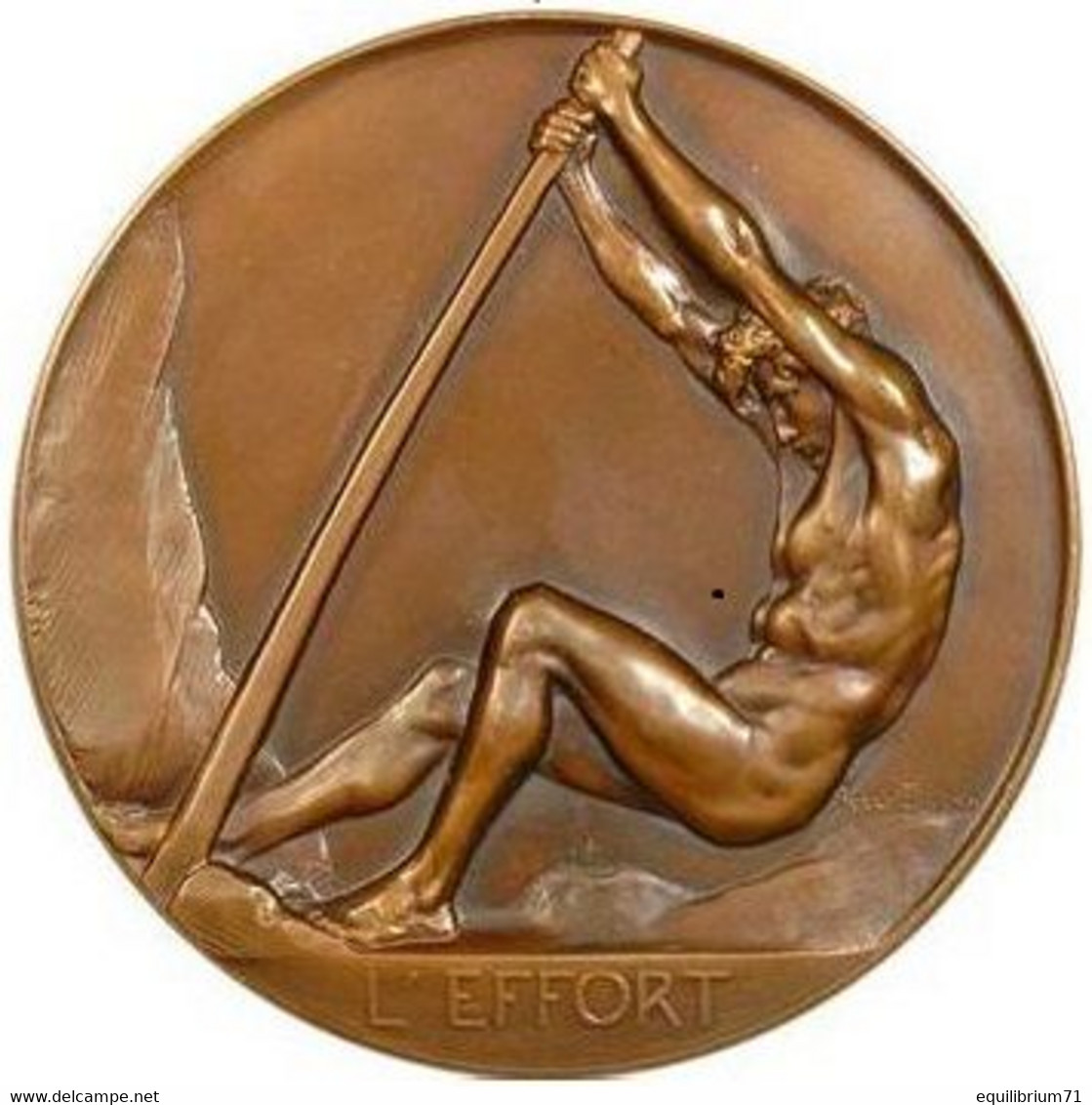 Médaille En Bronze - Patine Dorée - "l'Effort" - Signé: Josue Dupon - Diam:75 Mm. Poids:142 Gr - Autres & Non Classés