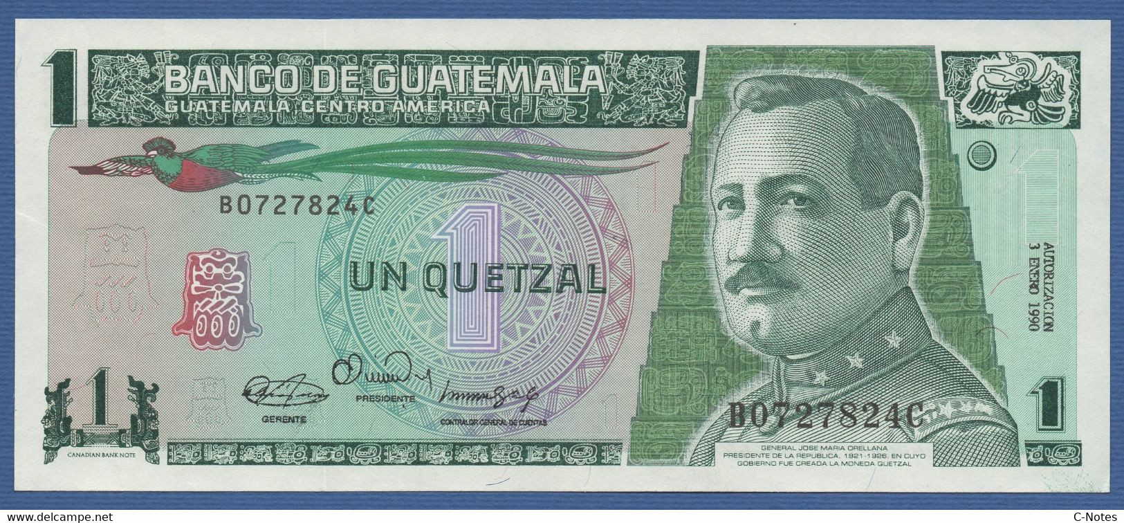 GUATEMALA - P. 73a(3) – 1 Quetzal 03.01.1990 UNC Serie B - C Printer Canadian B.N. - Guatemala