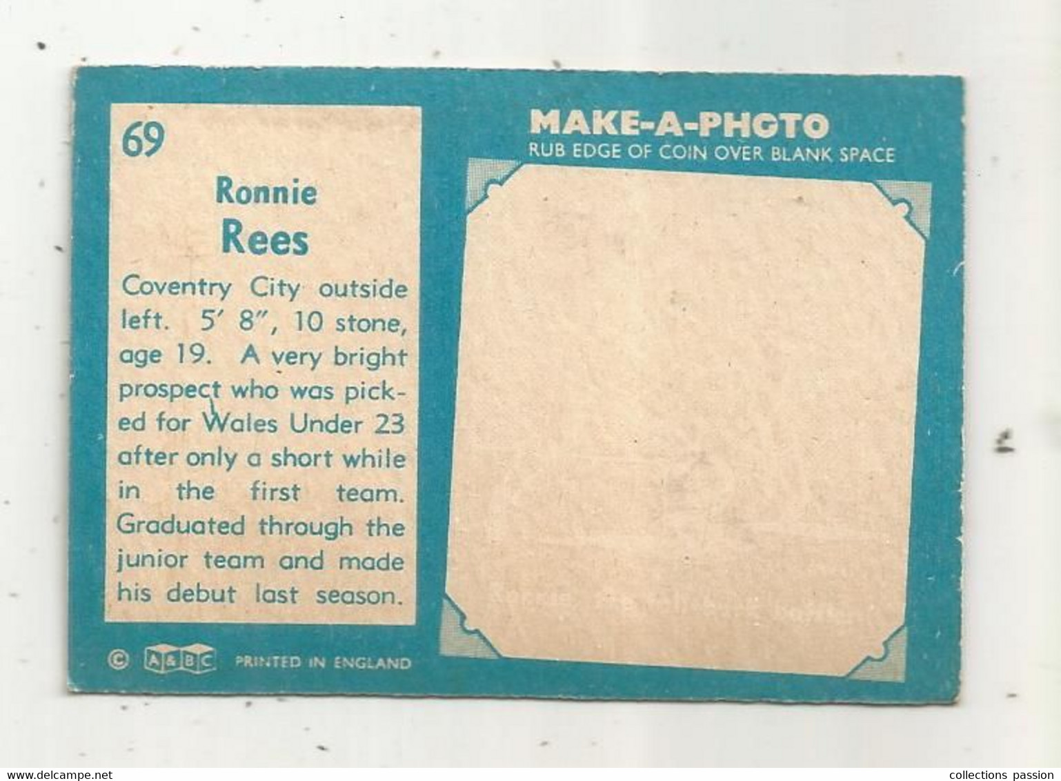 Trading Card , A&BC , England , Chewing Gum , Serie : Make A Photo , Année 60 , N° 69 , RONNIE REES , Coventry City - Trading Cards