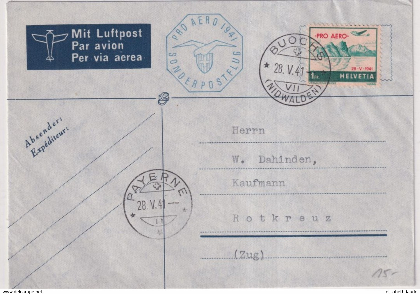 SUISSE - 1941 - POSTE AERIENNE  Zum. 35 VOL SPECIAL PRO AERO BUOCHS à PAYERNE Sur ENVELOPPE => ROTKREUZ ZUG - Erst- U. Sonderflugbriefe