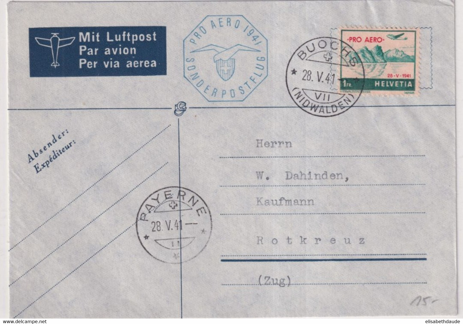 SUISSE - 1941 - POSTE AERIENNE  Zum. 35 VOL SPECIAL PRO AERO BUOCHS à PAYERNE Sur ENVELOPPE => ROTKREUZ ZUG - First Flight Covers