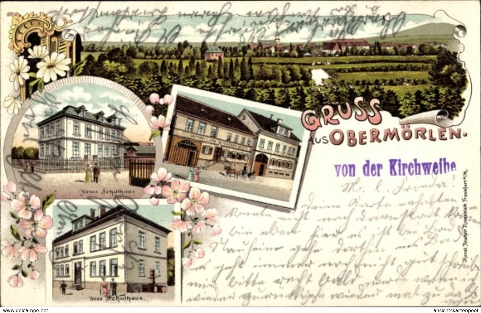 Lithographie Ober Mörlen Im Taunus Hessen, Gesamtansicht, Neues Schulhaus, Altes Schulhaus, Gasthaus - Sonstige & Ohne Zuordnung